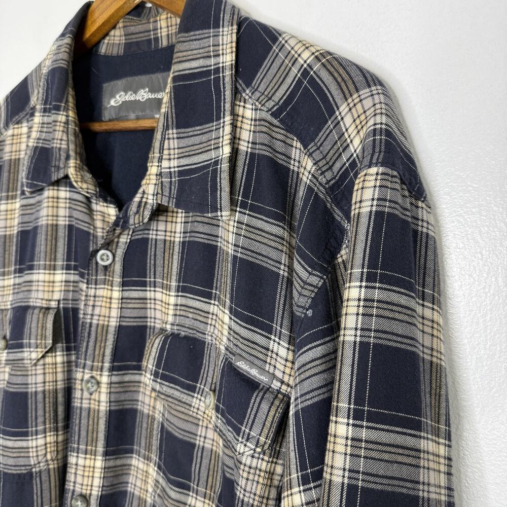 Eddie Bauer Jacket Mens 2XL Blue Plaid Flannel Fleece Lined Shirt Jacket Outdoor